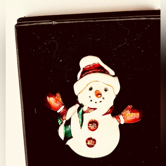 Signed Christopher Radko Gold Tone Enamel Snowman Christmas Holiday Brooch Pin, - Picture 2 of 7